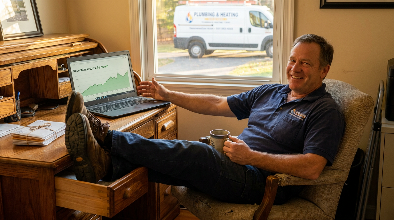 Shop owner relaxed at his workshop desk