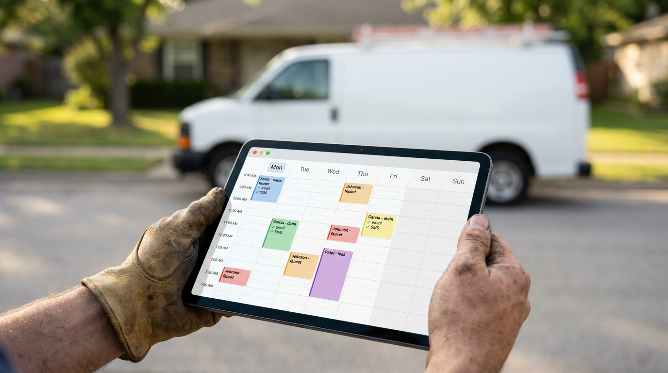 Tradesperson with packed schedule on a tablet